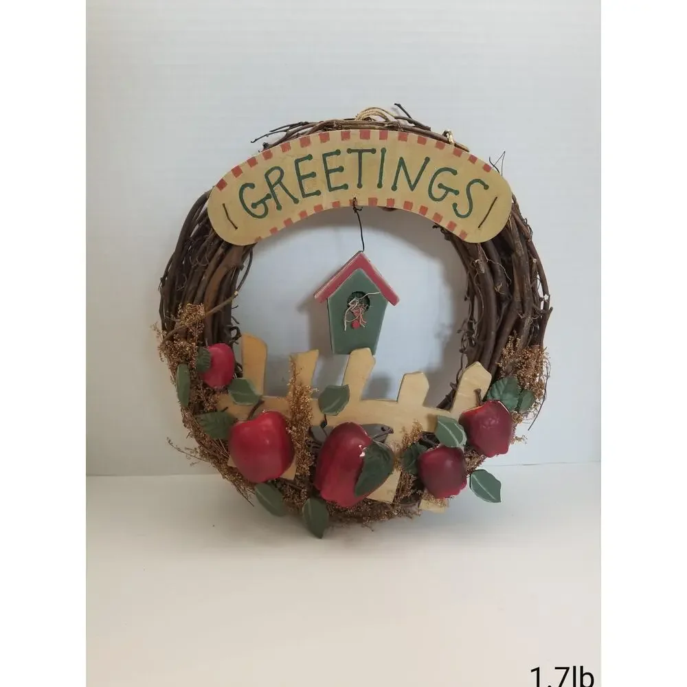 Vtg Handmade Grapevine Greetings Wreath Cottagecore Apples 13
